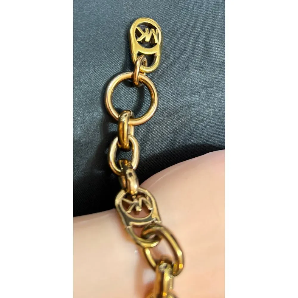 Michael Kors Chunky Gold Tone Chain Bracelet w/ MK Charms Toggle Sz 6.5”